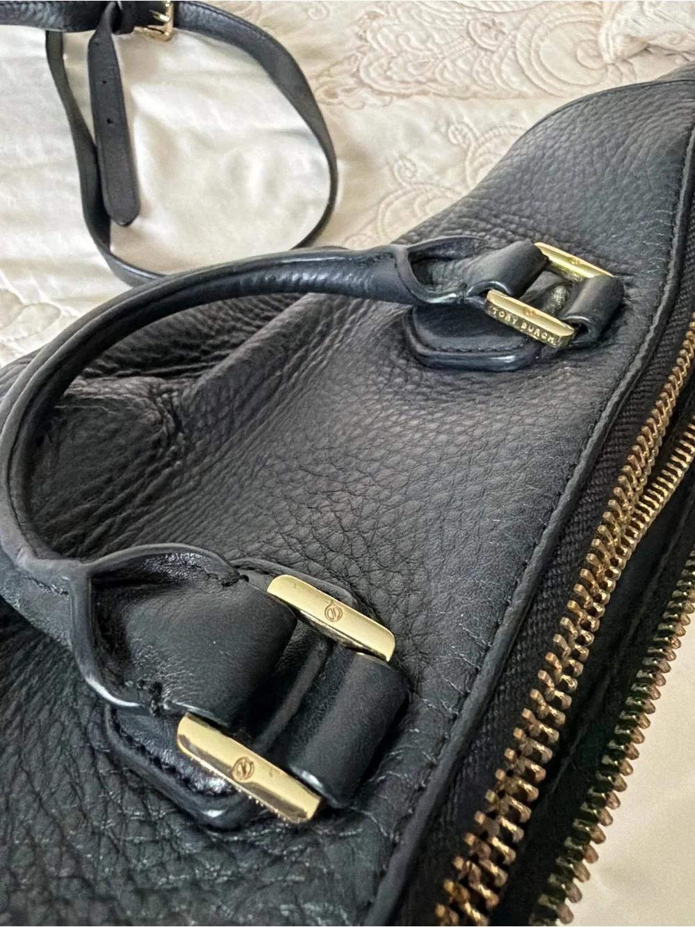Tory Burch - Black Pebbled Leather Satchel with Gold Hardware - Picture 9 of 15